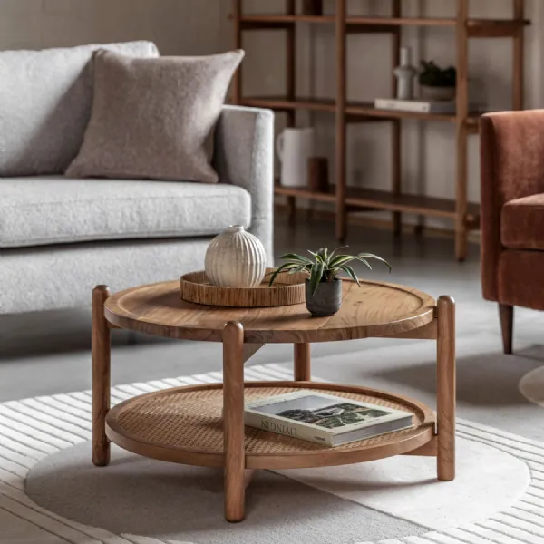 Natural Acacia Wood Lower Shelf Round Coffee Table