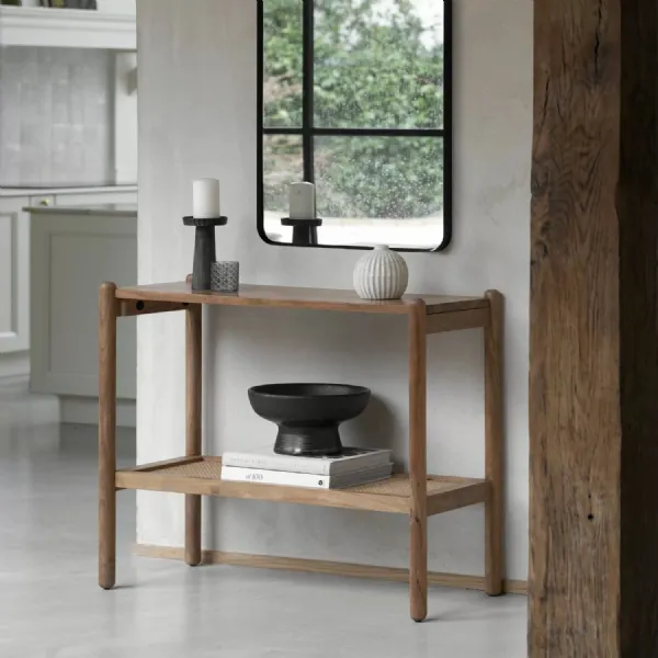 Natural Wood Console Hall Table with Woven Rattan Low Shelf