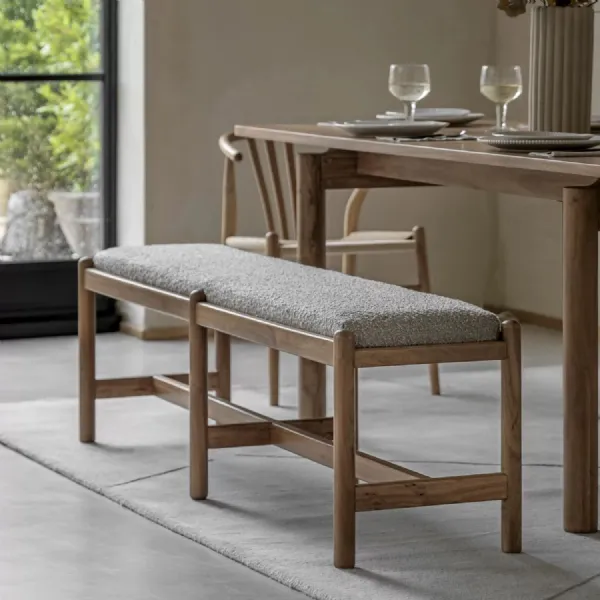 Retro Natural Wood Large Dining Bench Grey Fabric Seat