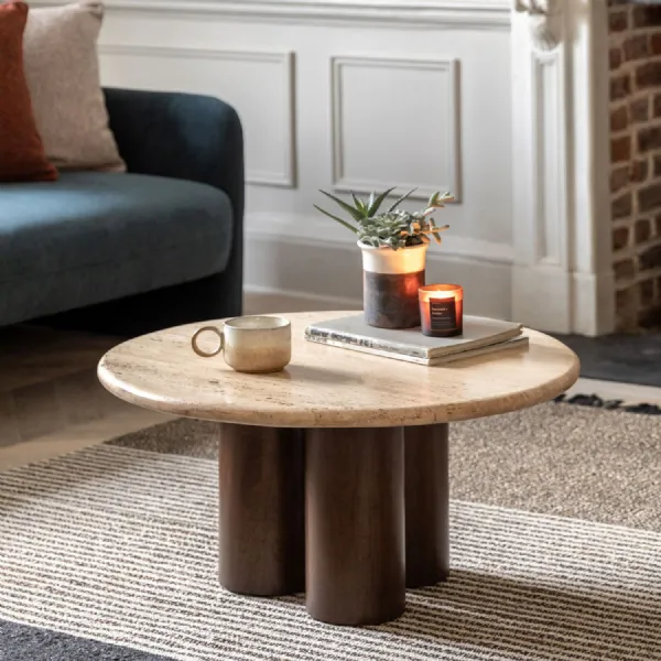Cream Round Travertine Stone Top Coffee Table Dark Wood Legs