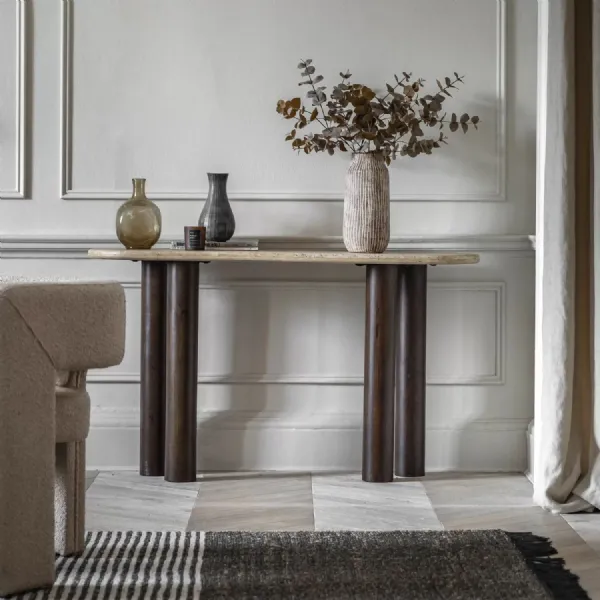Cream Stone Top Console Table Dark Wood Turned Chunky Legs