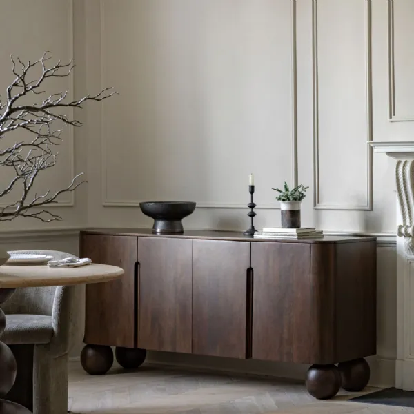 Dark Wood 4 Door Rounded Sideboard with Ball Feet