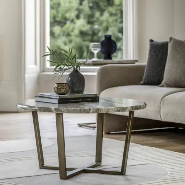 Green Marble Effect Round Coffee Table Bronze Metal Base