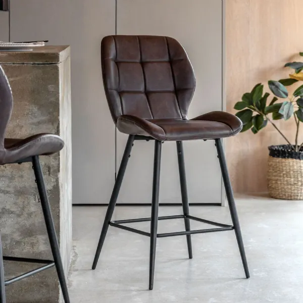 Brown Leather Curved Bar Stool Black Metal Legs