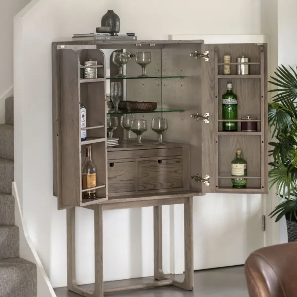 Smoked Oak Cocktail Drinks Cabinet with Mirrored Back