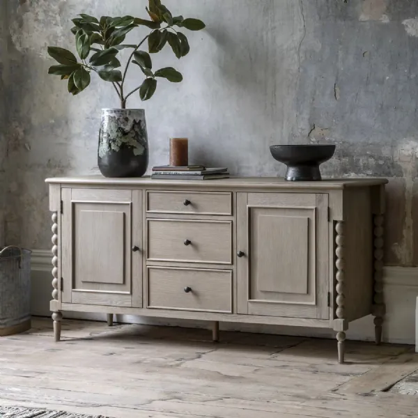 Natural Oak 2 Door 3 Drawer Bobbin Detail Columned Sideboard