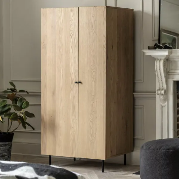 Natural Oak 2 Door Double Wardrobe Black Metal Legs