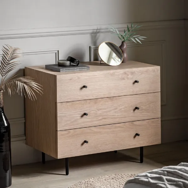 Modern Natural Oak Chest of 3 Drawers Black Metal Legs