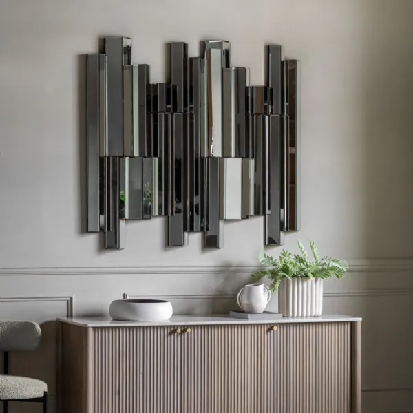 Silver Art Deco Wall Mirror Bevelled Abstract Panels