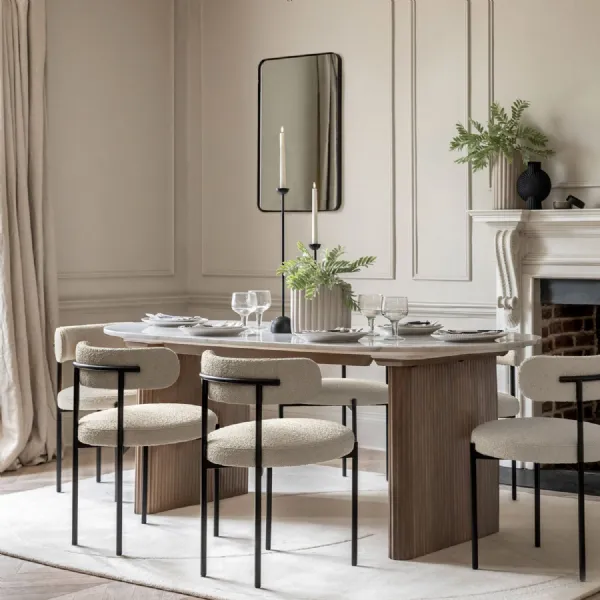 White Marble Top 200cm Oval Dining Table Ribbed Wooden Legs