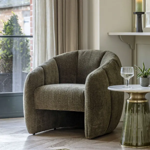 Green Fabric Tub Chair with Vertical Stitching