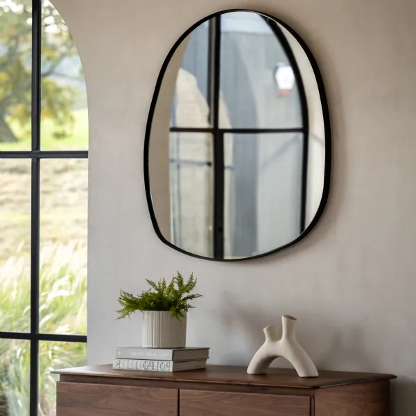 Black Metal Framed Small Pebble Shaped Wall Mirror