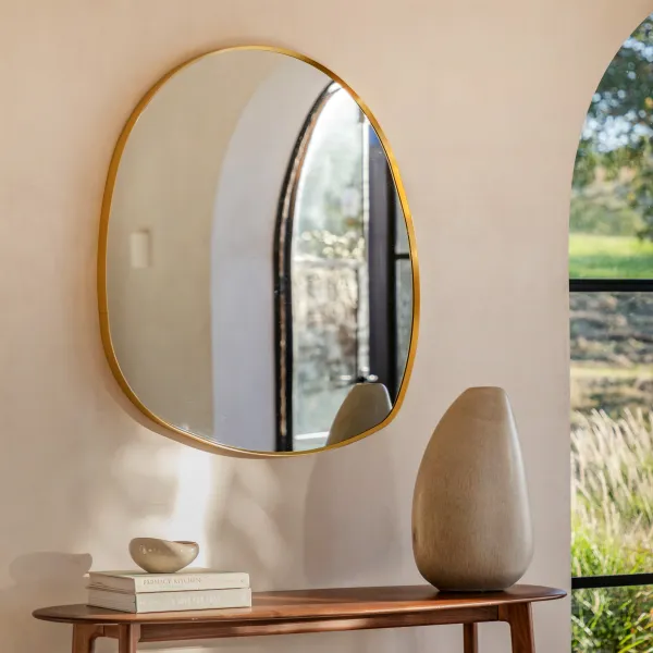 Gold Metal Framed Small Pebble Shaped Wall Mirror