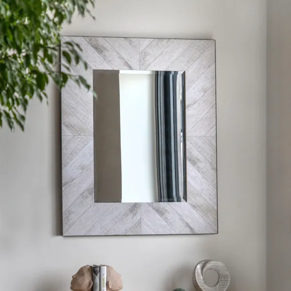 Rustic Rectangular Wall Mirror with Whitewashed Wooden Frame