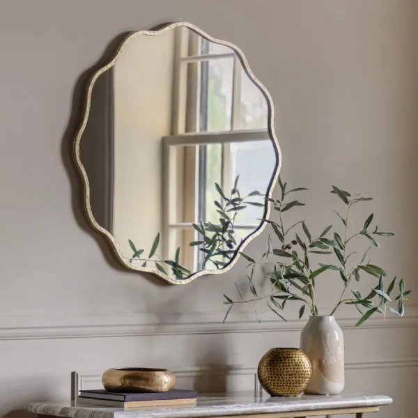 Rustic Gold Wavy Edge Large Round Metal Wall Mirror
