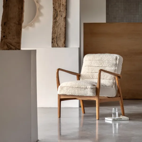 Cream Fabric Armchair Curved Oak Arms