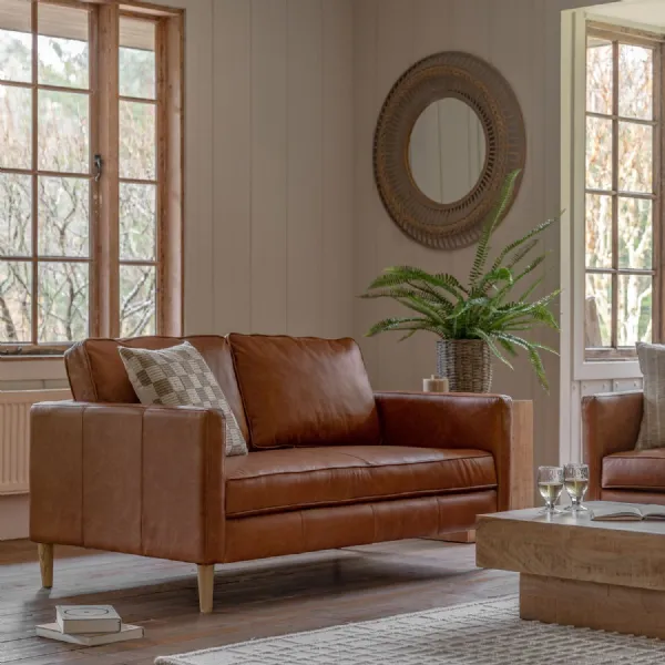 Vintage Tan Brown Leather 2 Seater Sofa with Ash Legs