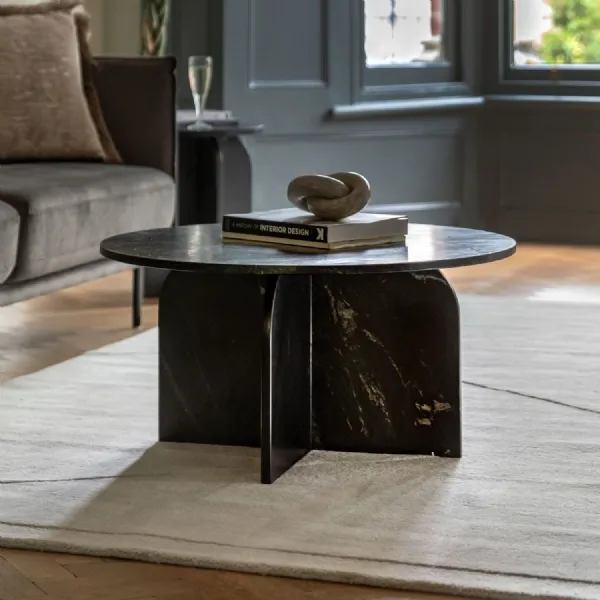 Black Marble Round Top Coffee Table with Arched Base