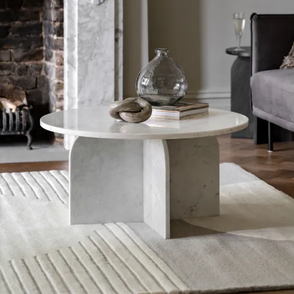 White Marble Round Coffee Table Arched Base Veining Pattern