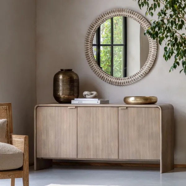 Natural Mango Wood Fluted 3 Door Wide Sideboard