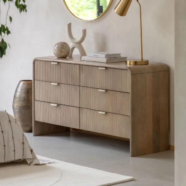 Natural Mango Wooden Wide Chest of 6 Fluted Drawers