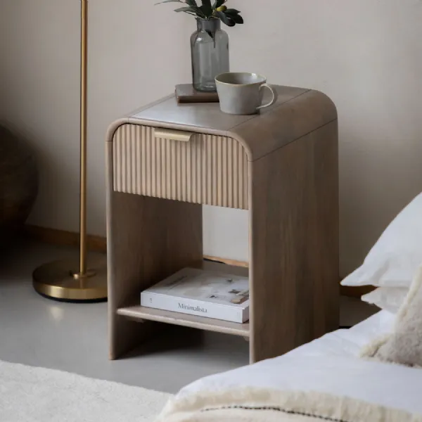 Natural Wood Small 1 Fluted Drawer Curved Bedside Table