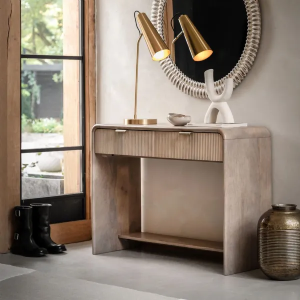 Natural Mango Wood 2 Drawer Curved Console Table with Shelf