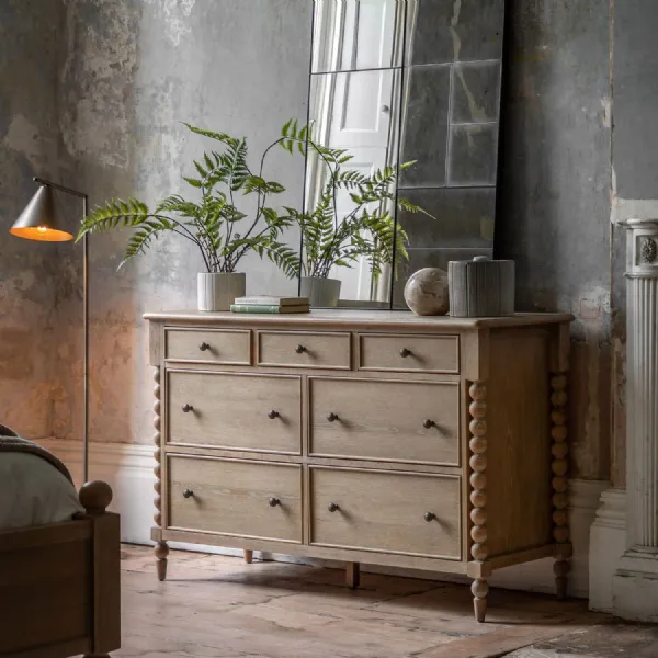 Lime Wash Oak 3 Over 4 Large Chest of Drawers Bobbin Detail