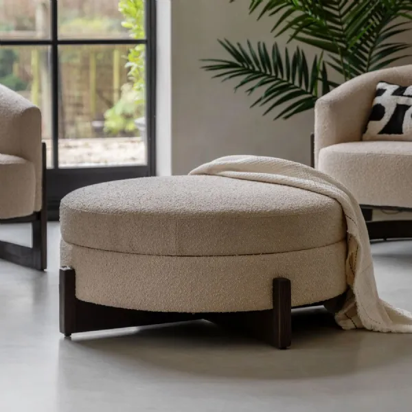 Cream Textured Fabric Round Footstool with Hidden Storage