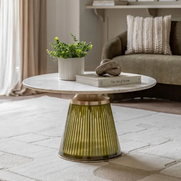 Marble Round Coffee Table Green Fluted Glass Base