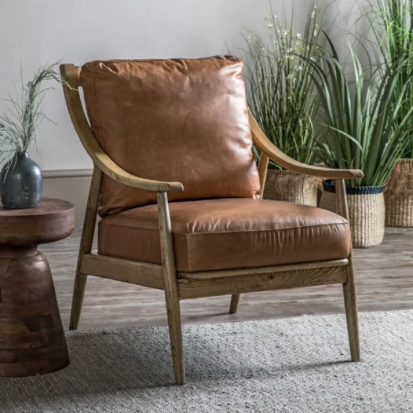 Tan Brown Leather Armchair Oak Arms and Frame