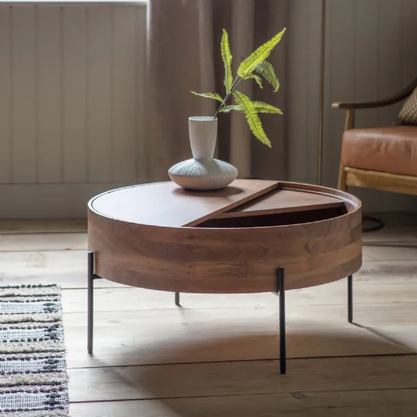 Round Oak Wood Storage Coffee Table Black Metal Legs