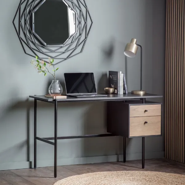 Oak and Black Metal Open Frame 2 Drawer Office Desk