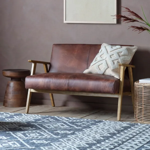 Vintage Brown Leather 2 Seater Sofa Light Wood Arms and Legs
