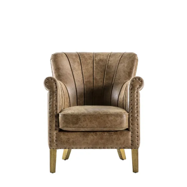 Brown Leather Piped and Studded Armchair