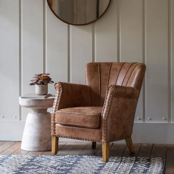Vintage Tan Brown Pleated Leather Armchair with Studs