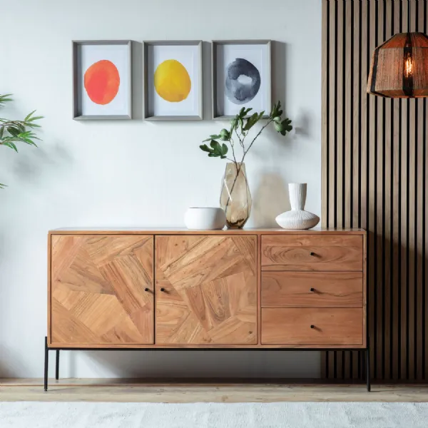 Modern Acacia Wood 2 Door 3 Drawer Wide Sideboard