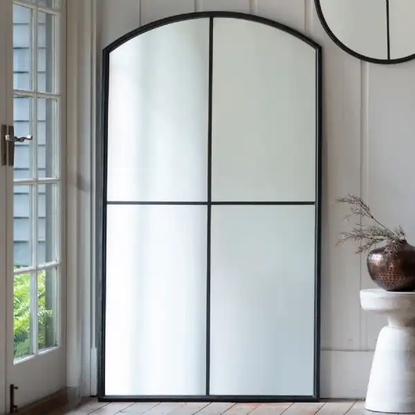 Large Arched Window Black Metal Framed Leaner Wall Mirror