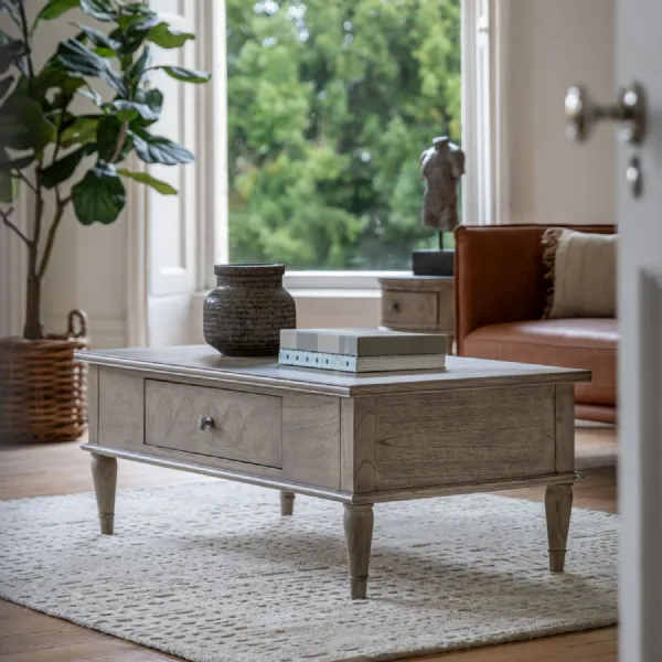 Inlaid Parquet Wooden Low Coffee Table with Drawer