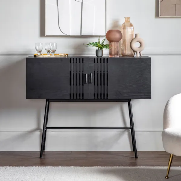 Slatted Black Wood 2 Door Sideboard Black Metal Legs