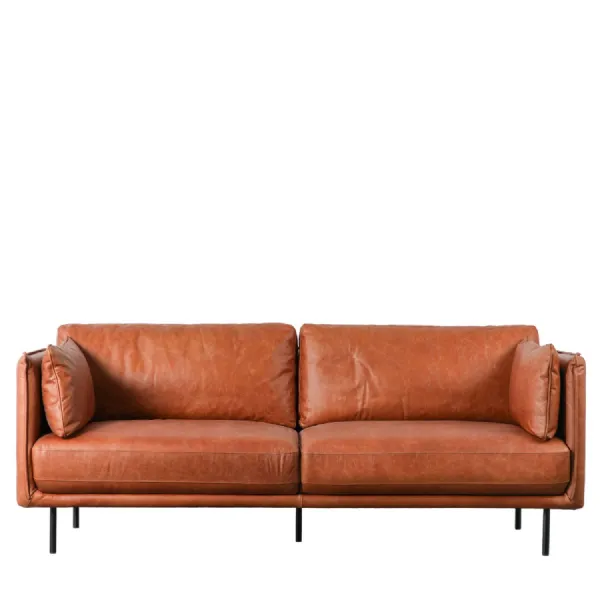Warm Brown Leather Black Metal Legs Sofa