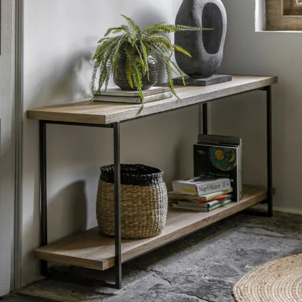 Wooden Open Display Console Hall Table Black Metal Frame