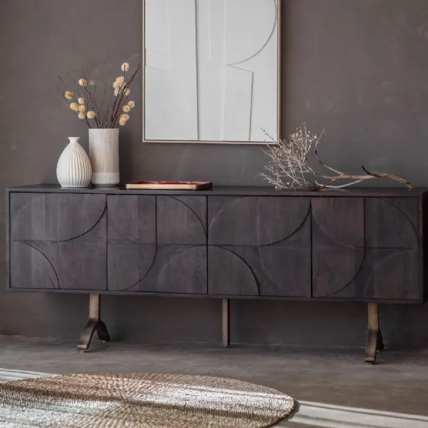 Grey Wood Retro Geometric Pattern 4 Door Sideboard