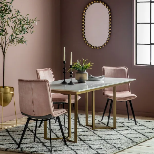 White Marble Top 6 Seater Dining Table Brass Gold Metal Base