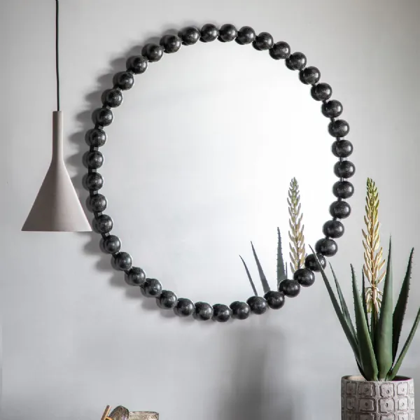 Black Beaded Framed Round Wall Mirror 80cm Diameter