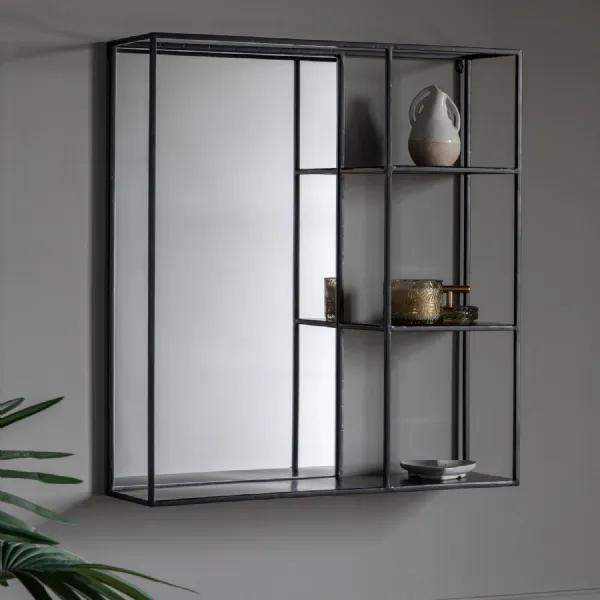 Black Metal Wall Shelving Display Unit with Mirror
