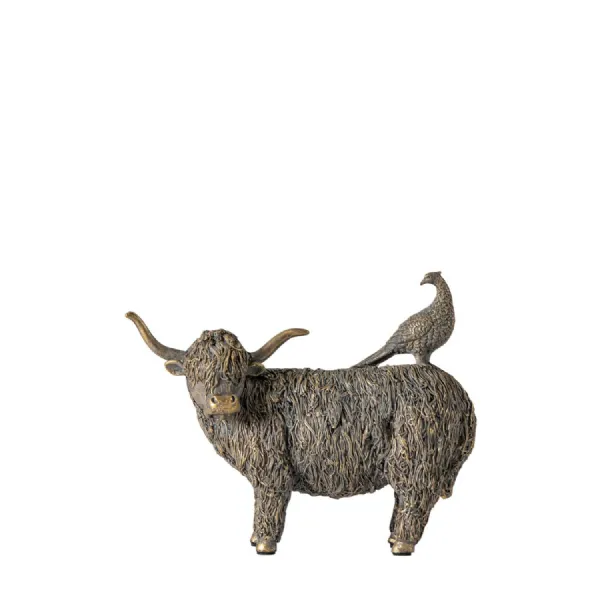 Bronzed Cow And Bird Farmland Figurine