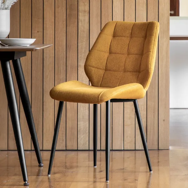 Saffron Yellow Fabric Dining Chair Black Tapered Metal Legs