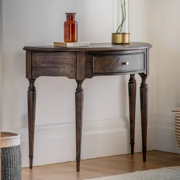Dark Wood Half Moon Demi Lune Console Table with Drawer