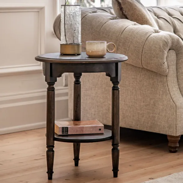 Dark Wood Round Side Lamp Table Spindle Legs with Shelf